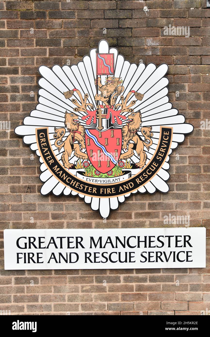 Logo des Feuerwehr- und Rettungsdienstes von Greater Manchester Stockfoto