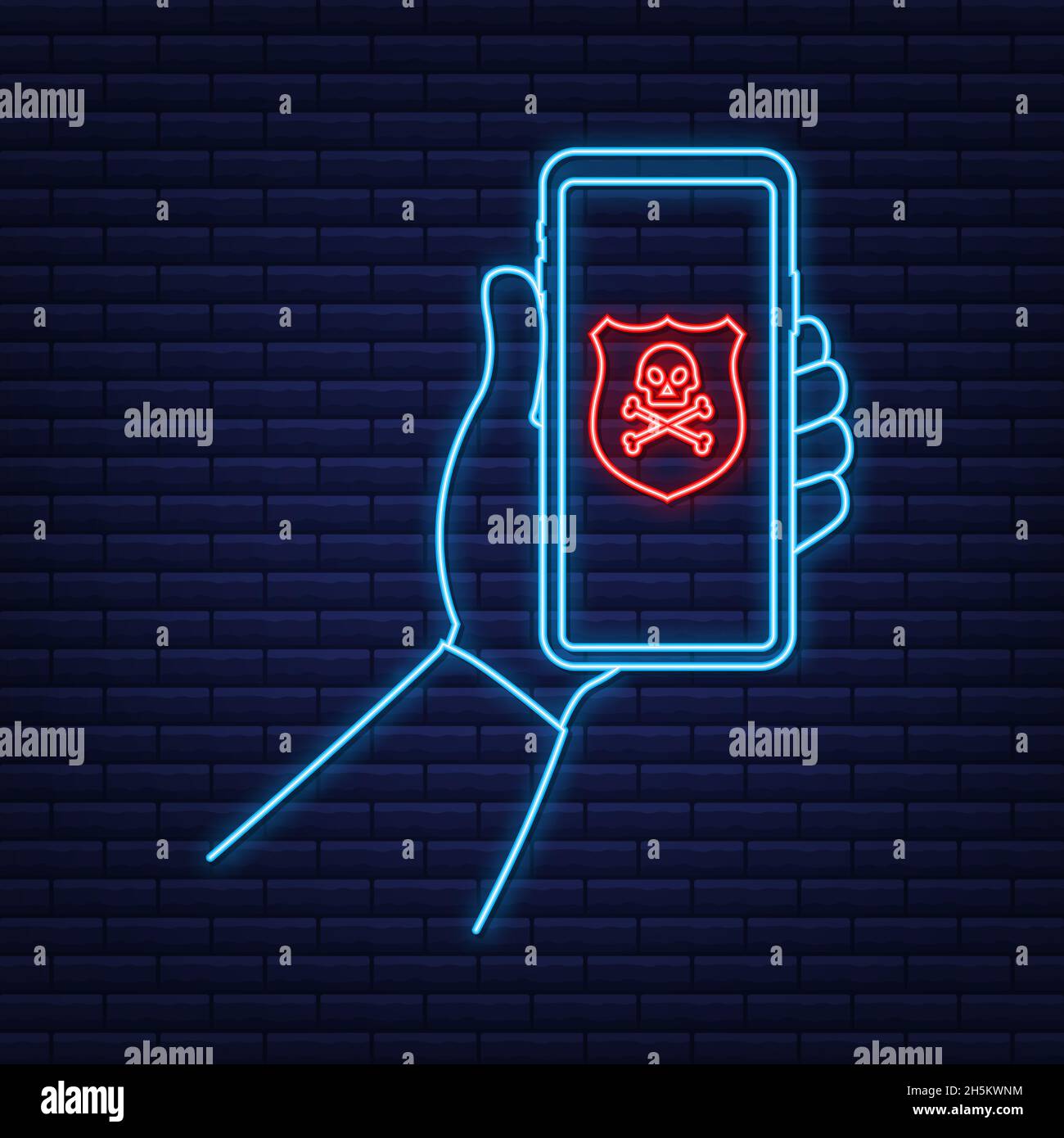 Angriff. Smartphone mit Sprechblase und Totenkopf und Kreuzknochen auf dem Bildschirm. Bedrohungen, mobile Malware, Spam-Nachrichten. Vektorgrafik Stock Vektor