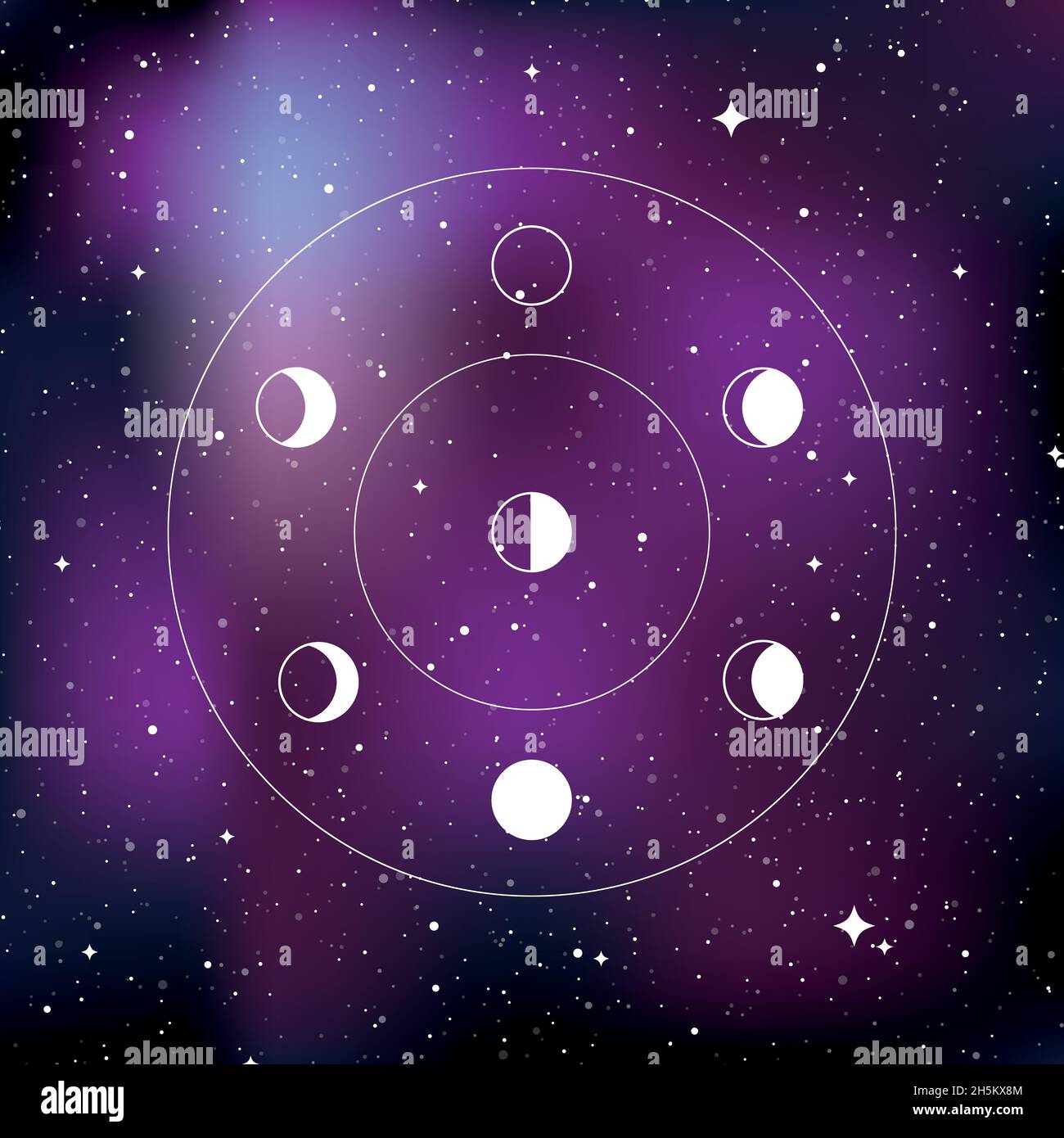 Mondphasen. Hintergrund des Sternenuniversums. Konzept von Galaxie, Raum, Kosmos. Vektorgrafik Stock Vektor