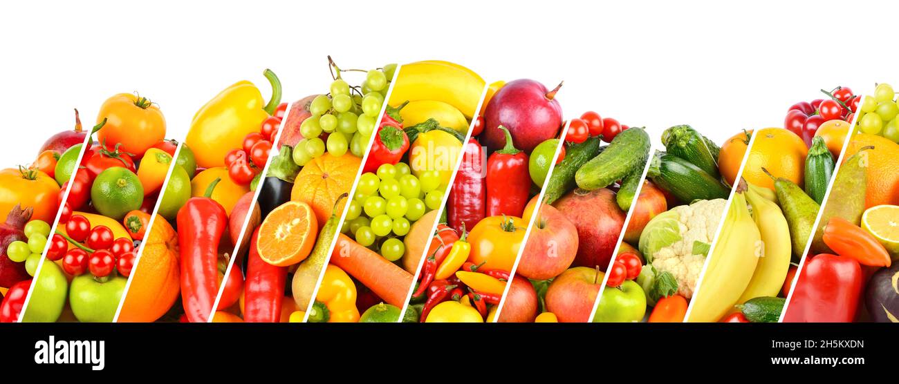 Breite Collage aus Obst, Gemüse und Beeren, getrennt durch schräge Linien isoliert auf weißem Hintergrund Stockfoto