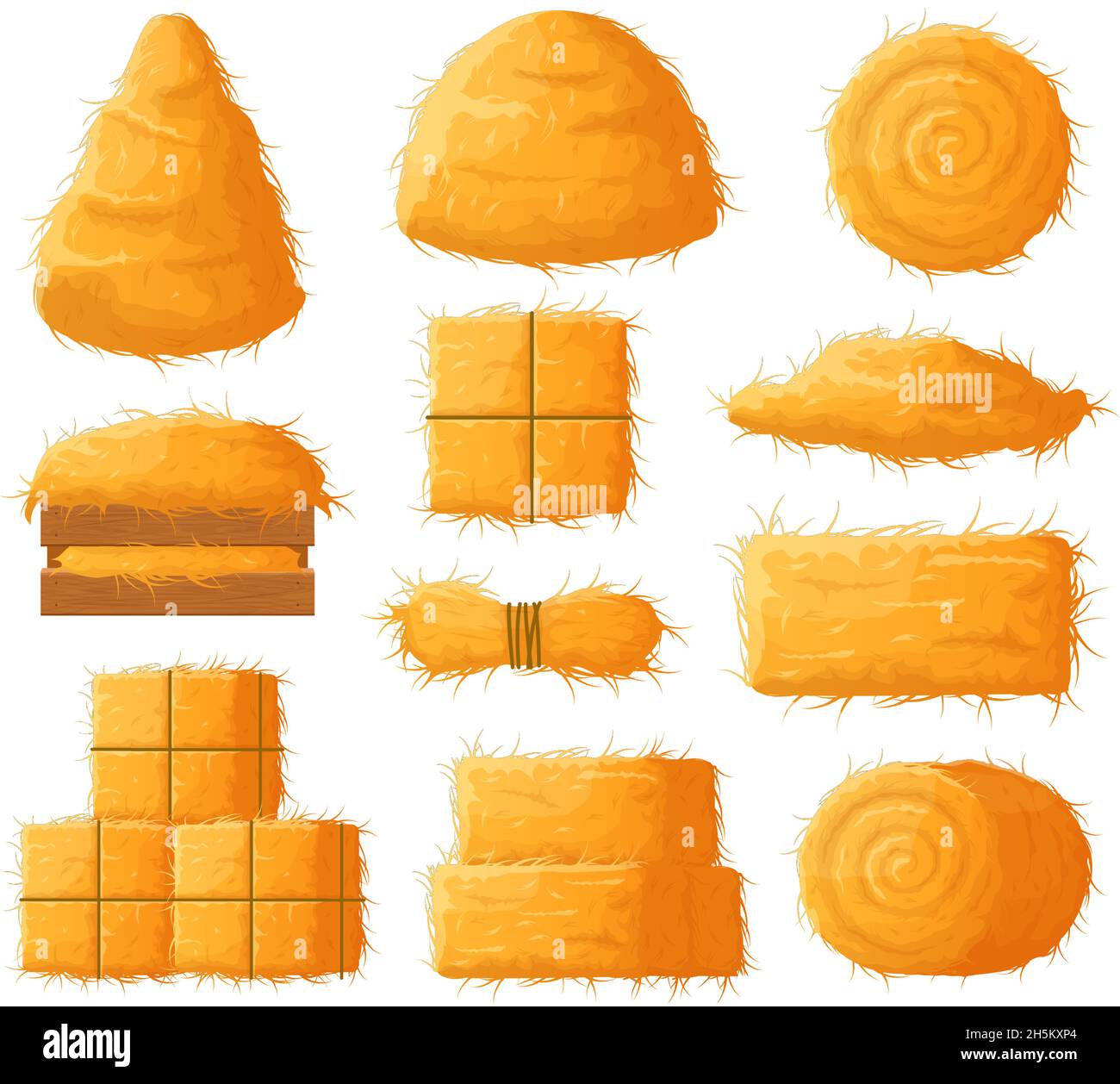 Heuballen, landwirtschaftliche Heuernte, getrockneter Strohhaystack, ländlicher Heuhahn. Ackerbau Heuhahn, getrockneter Heuhaufen, Stroh und Weizen Vektor flache Abbildung Stock Vektor