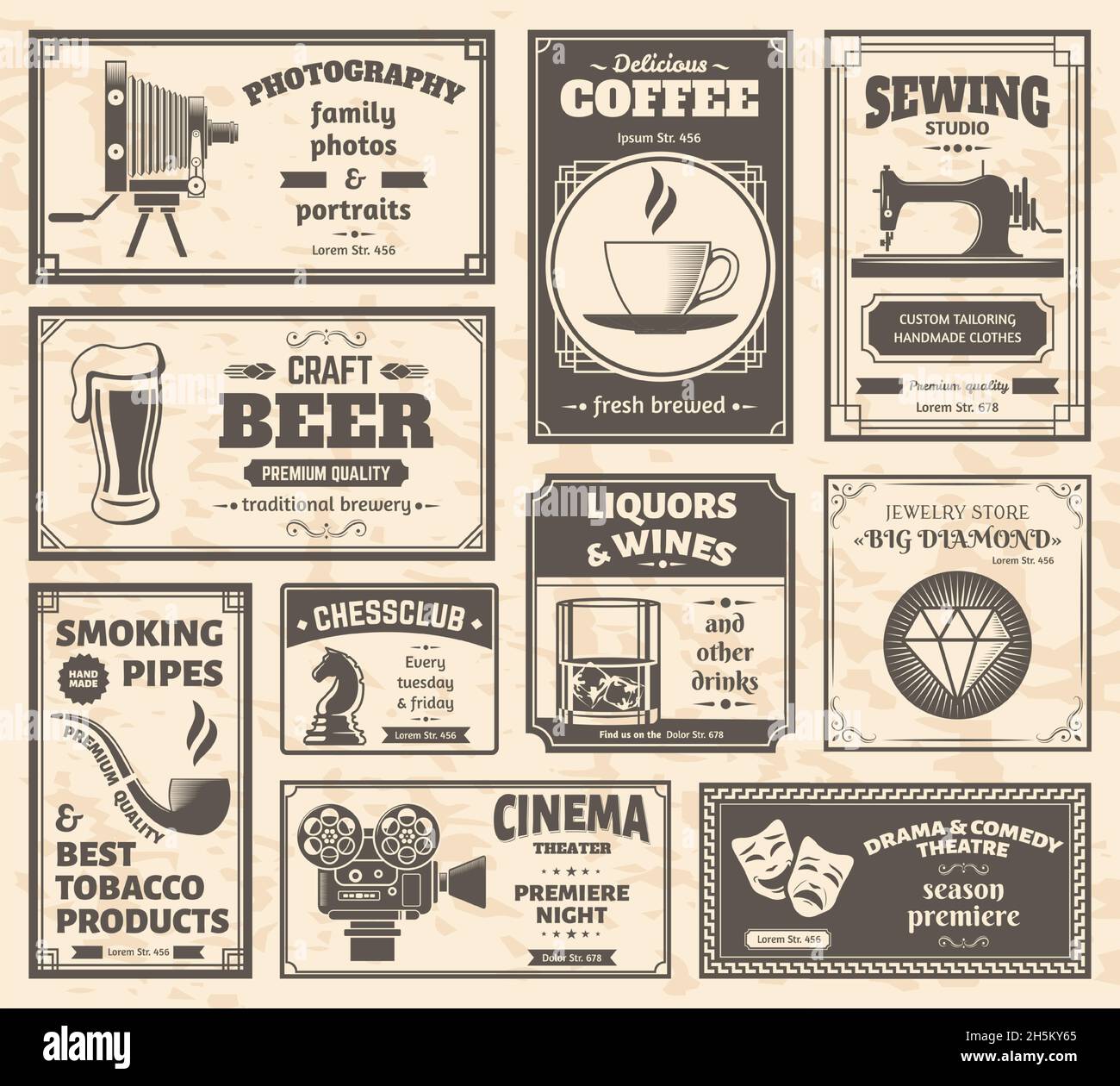 Vintage alte Zeitungsseite Werbung Retro-Banner. Retro Zeitungsläden und Dienstleistungen Anzeigen Vorlagen Vektor Illustration Set. Altes Druckmaschinenpapier Stock Vektor