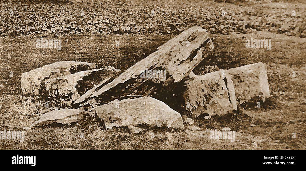 Ein seltenes Bild aus dem Jahr 1908 von einem gefallenen Kromlech oder Tafelsteingrab oder Dolmen in Sandwick, Orkney, Schottland (jetzt vermutlich verschwunden) Stockfoto