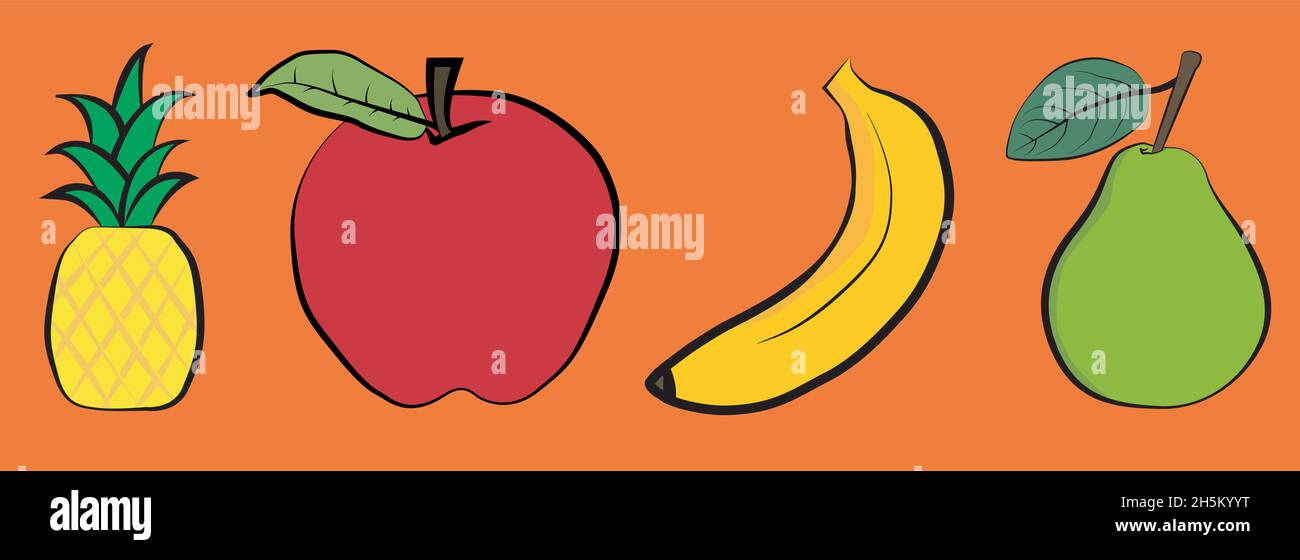 vektordarstellung einer Ananas, eines Apfels, einer Banane und einer Birne (Ananas comosus, Malus domestica, Musa × paradisiaca, Pyrus communis) mit orangefarbenem Backgr Stock Vektor