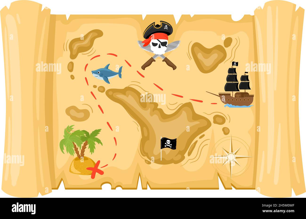 Cartoon Piraten Schatzkarte, alte alte Papyrus-Rolle. Papyrus Pergament alten Piraten Abenteuer Schatz Karte Vektor Illustration. Antiker Papyrus Stock Vektor