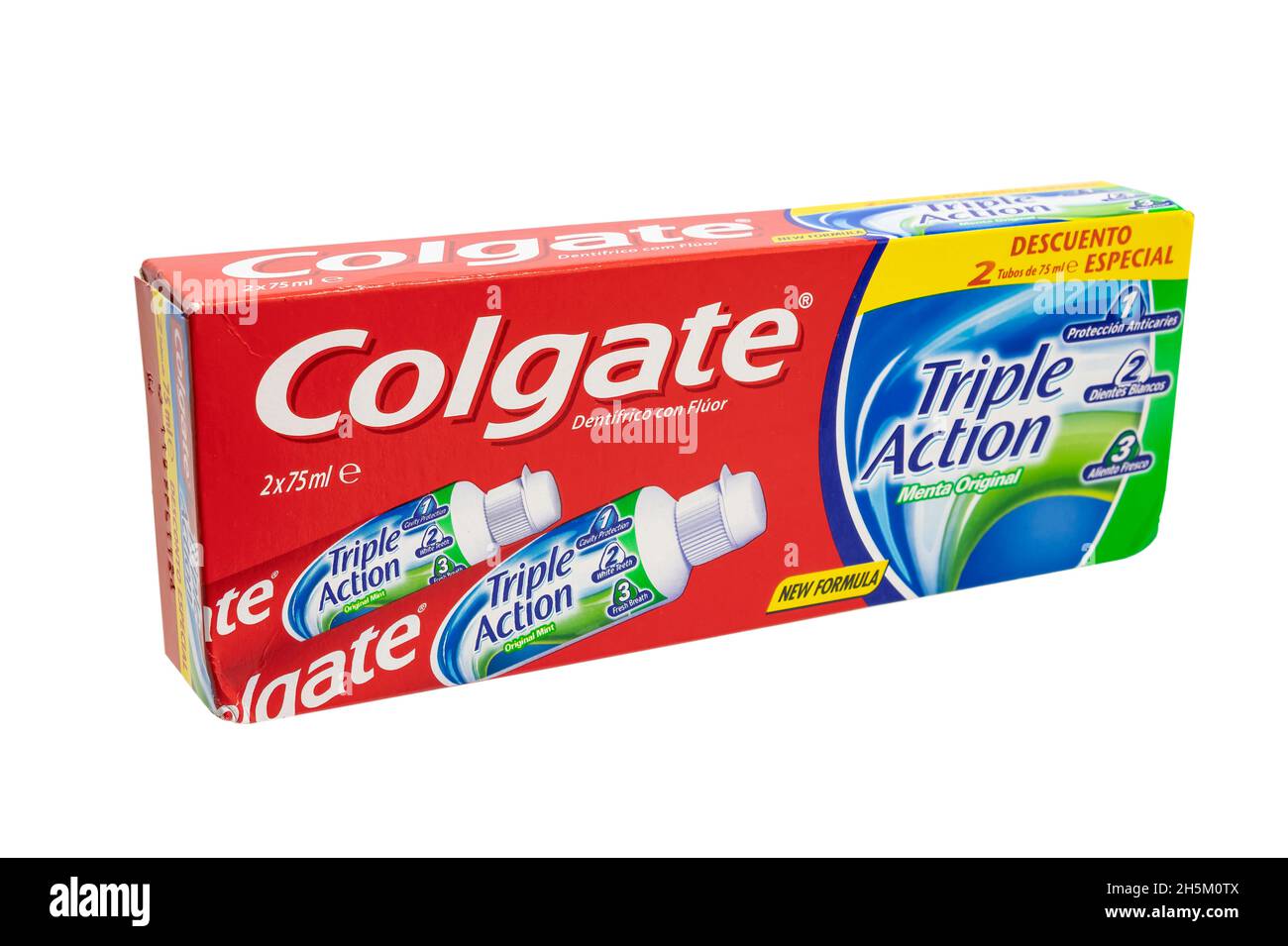 Huelva, Spanien-5. November 2021:Spanische Schachtel mit Colgate-Zahnpasta. Colgate ist eine amerikanische Marke, die hauptsächlich für Mundhygieneprodukte wie Toot verwendet wird Stockfoto