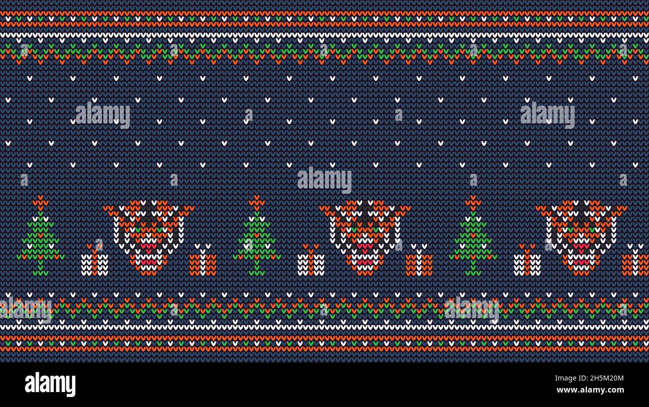 Weihnachtliches Strickmuster mit Tiger-Geschenken und weihnachtsbaum. Stock Vektor
