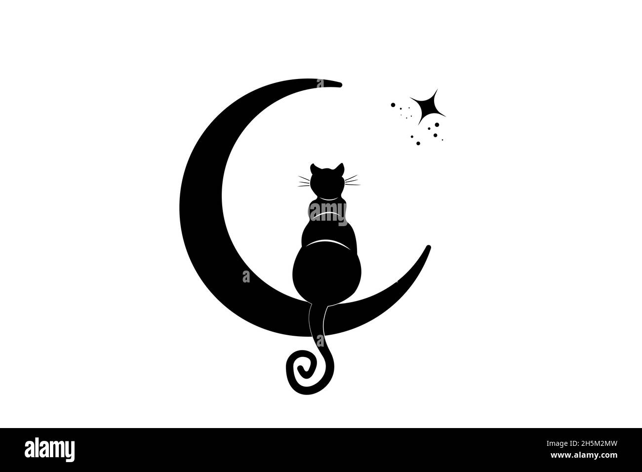 Schwarze Katze auf dem Halbmond sitzend, schaue auf die Sterne. Logo Wicca Symbol, Boho Stil, Tattoo-Symbol. Vektorgrafik isoliert auf Weiß Stock Vektor