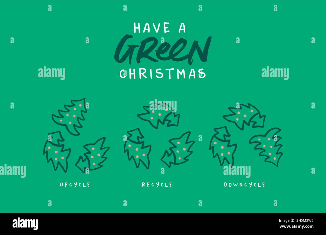 Grüne Weihnachten Grußkarte Illustration für umweltfreundliche Weihnachtsfeier Konzept. Handgezeichnete Recycling-Doodle-Symbole aus Kiefernpfeilen. Stock Vektor