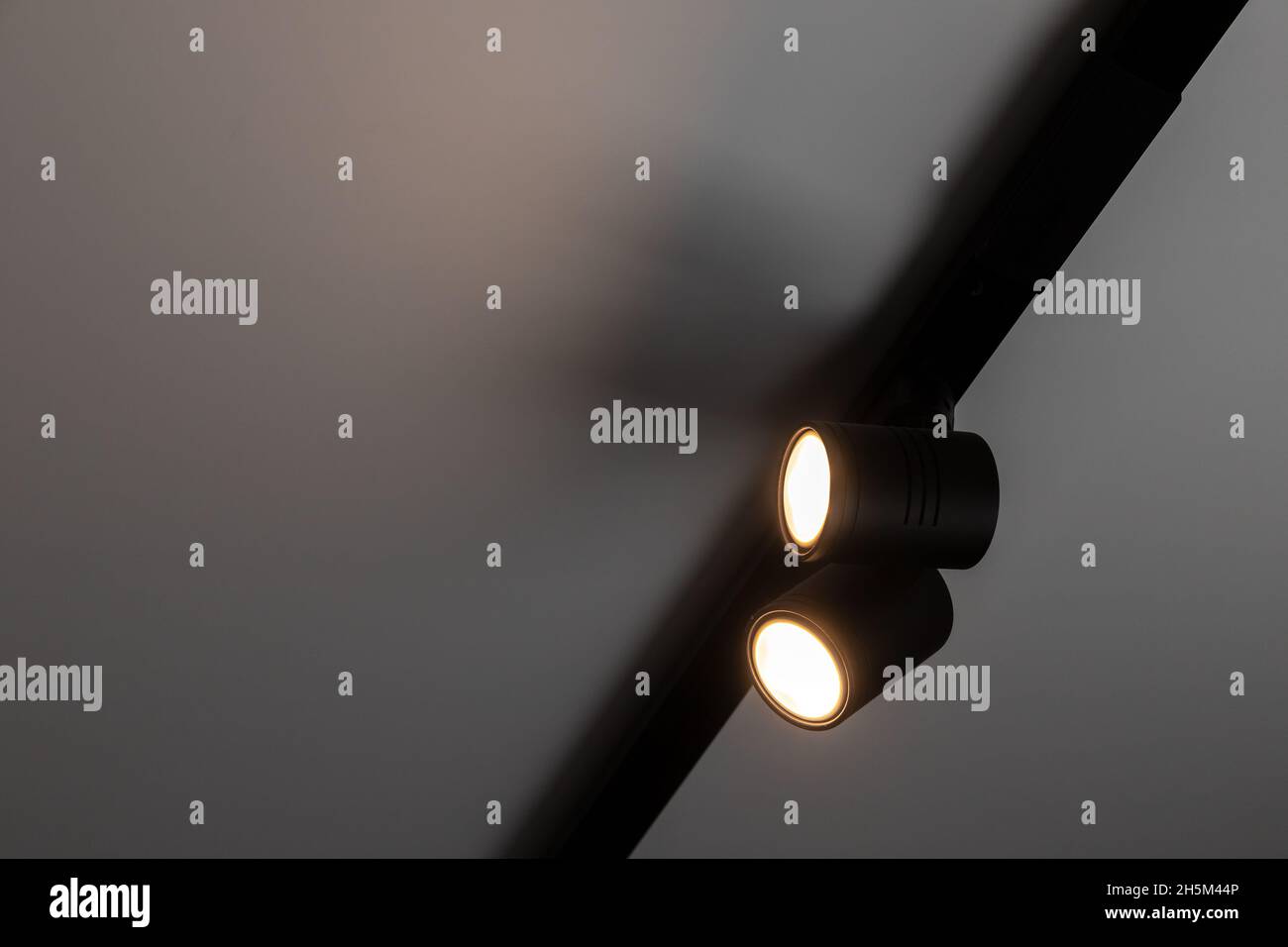 Zwei helle Punktlichter in schwarzen zylindrischen Aufbauten, montiert an einer weißen Decke, Beleuchtungseinrichtungen für Ausstellungshallen Stockfoto