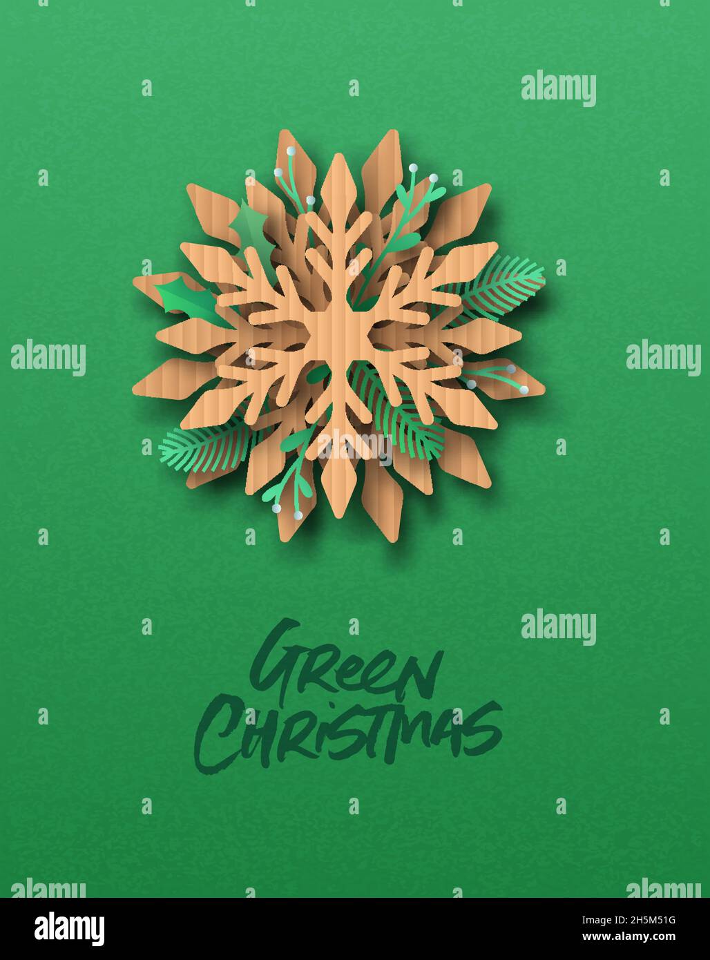 Grüne Weihnachten Papercut Grußkarte Illustration. Recyceltes Papppapier Schneeflocke mit 3d-Kiefernblatt. Umweltfreundliche Winterurlaub Feier Stock Vektor