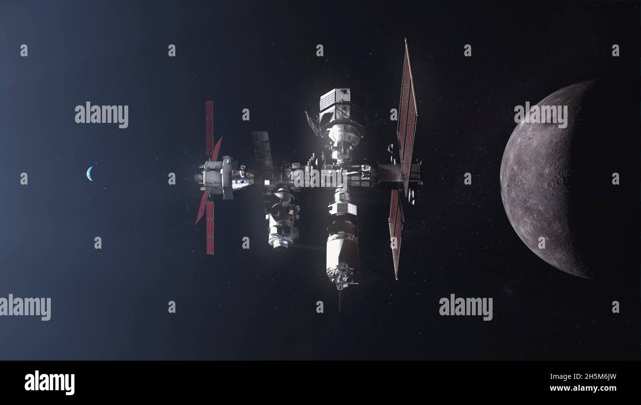 Lunar Orbit, Vereinigte Staaten von Amerika. 10. November 2021. Abbildung der Raumstation SpaceX Gateway in der Mondbahn, während das Artemis-Raumschiff anlegt. Das Gateway wird als Transferstation zwischen der Orion-Sonde und dem Mondlander auf Artemis-Missionen zum Mond dienen. NASA-Administrator Bill Nelson gab am 9. November 2021 bekannt, dass die Artemis-Missionen mit Besatzungsflügen voraussichtlich bis 2024 durchgeführt werden. Quelle: NASA/NASA/Alamy Live News Stockfoto