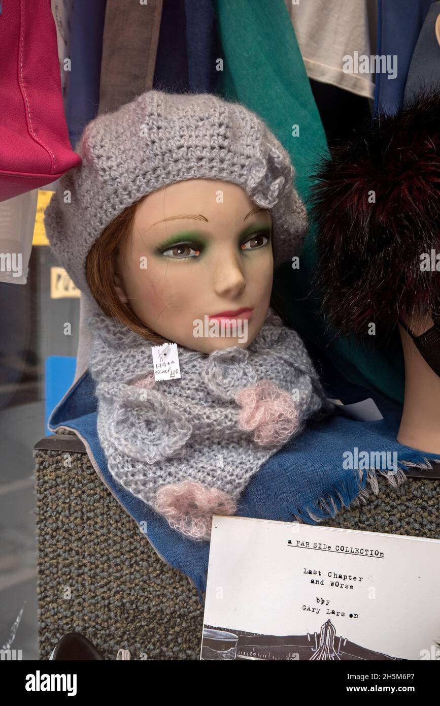 Schaufensterpuppe Kopf im Fenster eines Wohltätigkeitsladens in Edinburgh, Schottland, Großbritannien. Stockfoto