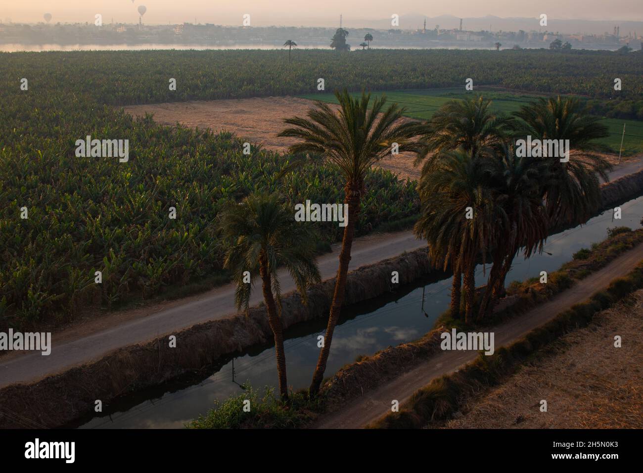 Einer der Bewässerungskanäle in den Feldern entlang des Nils, ein Blick vom Heißluftballon, Luxor, Ägypten Stockfoto