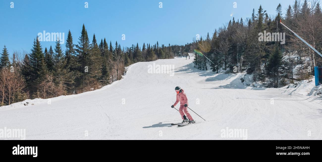Alpinski. Skifahren Frau Skifahrer geht Mitgift gegen schneebedeckte Bäume Hintergrund im Winter Frau in roten Skijacke. Mont Tremblant, Quebec, Kanada. Stockfoto