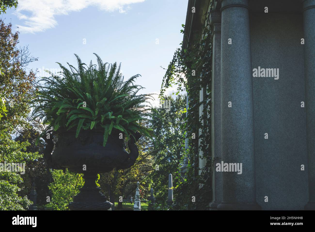 Vintage-Look von Bäumen und Pflanzen auf einem Friedhof mit Steinsäulen eines Gebäudes Stockfoto