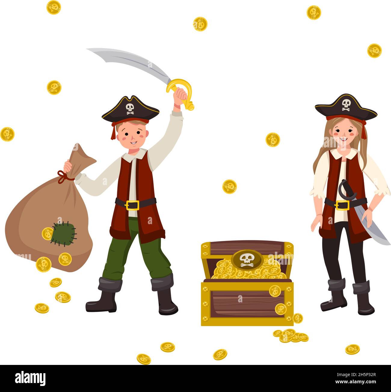 Glückliche Piraten Junge und Mädchen mit Säbel, aufgespannter Hut, Beutel mit Münzen und Brust aus Gold. Fröhliche Kinder in Karnevalskostümen. Festliche Kleidung für Urlaub, Neujahr und Kinderparty. Vektorgrafik flach Stock Vektor