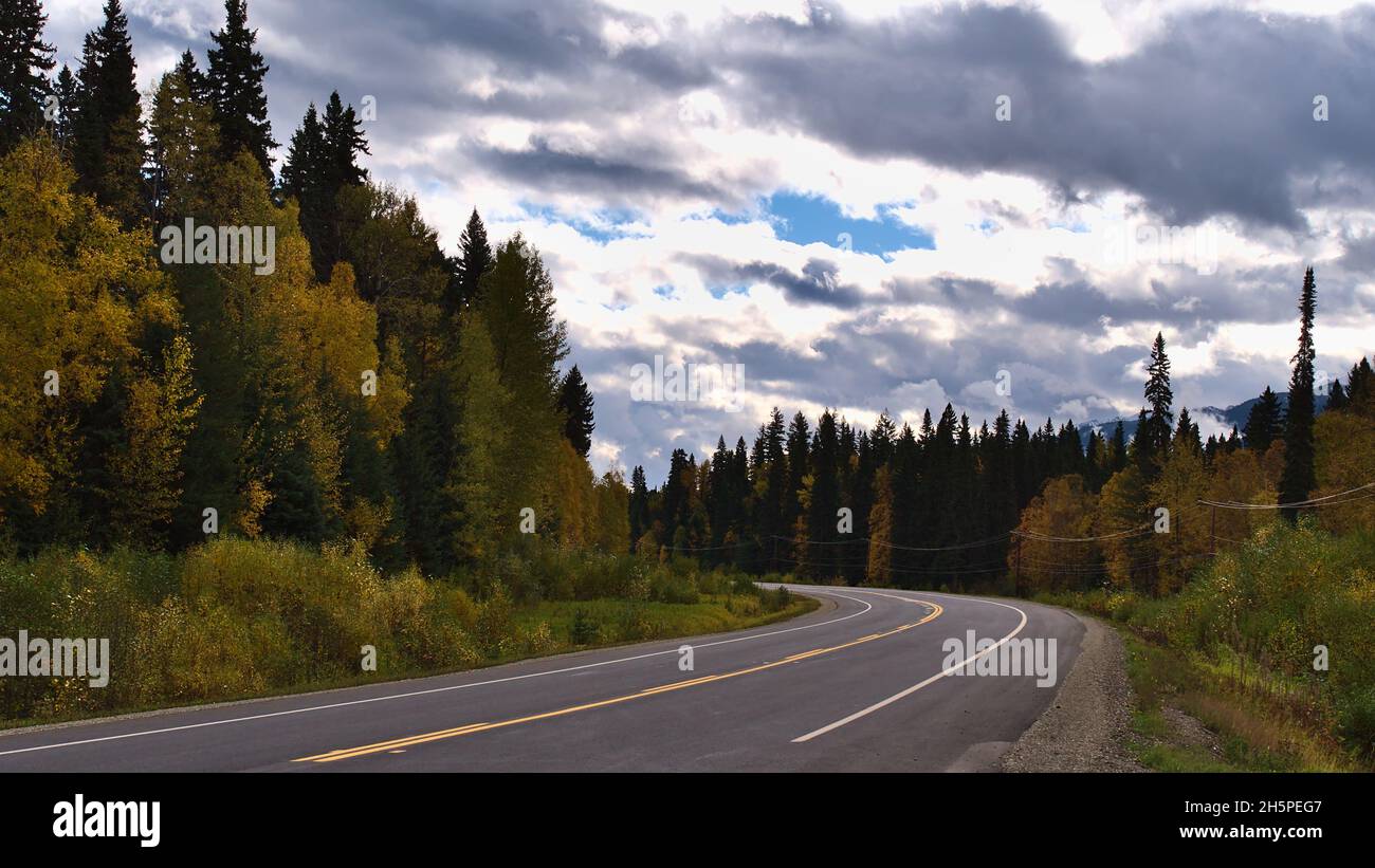 Landschaft mit Biegung des Yellowhead Highway (16) in der Nähe von McBride im Robson Valley, British Columbia, Kanada in der Herbstsaison umgeben von Wald. Stockfoto