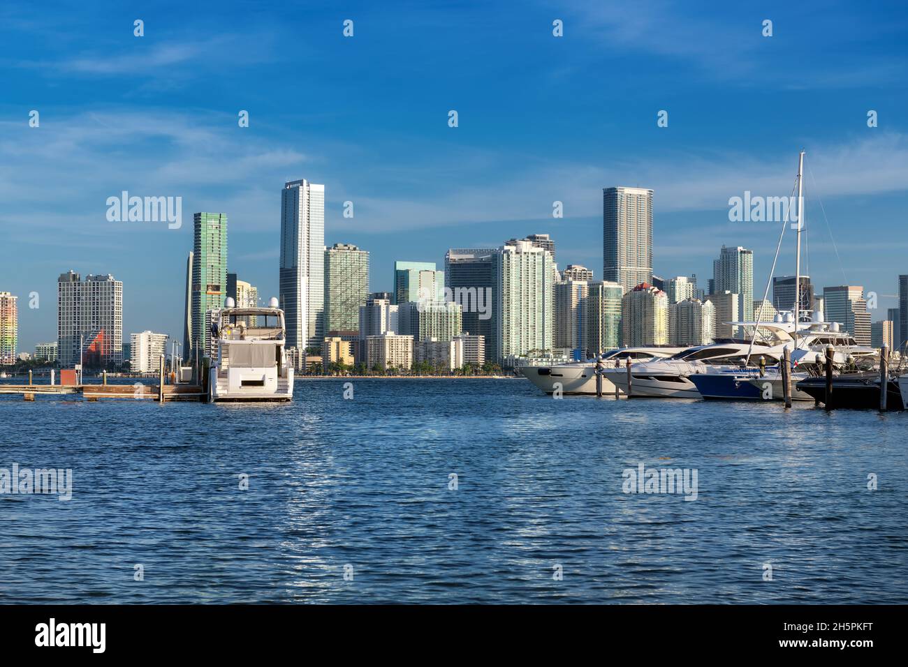 Luxusyachten, die am sonnigen Morgen in Miami, Florida, im Hafen und in der Skyline von Miami Downtown festmachen. Stockfoto