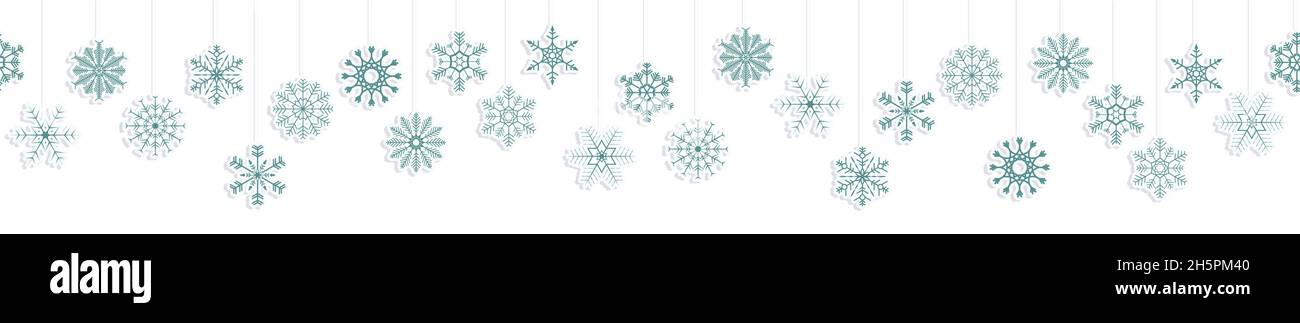 Nahtloser Vektor-Panorama-Banner mit verschiedenen hängenden Schneesternen in blauer Farbe für weihnachten und Winterkonzepte Stock Vektor