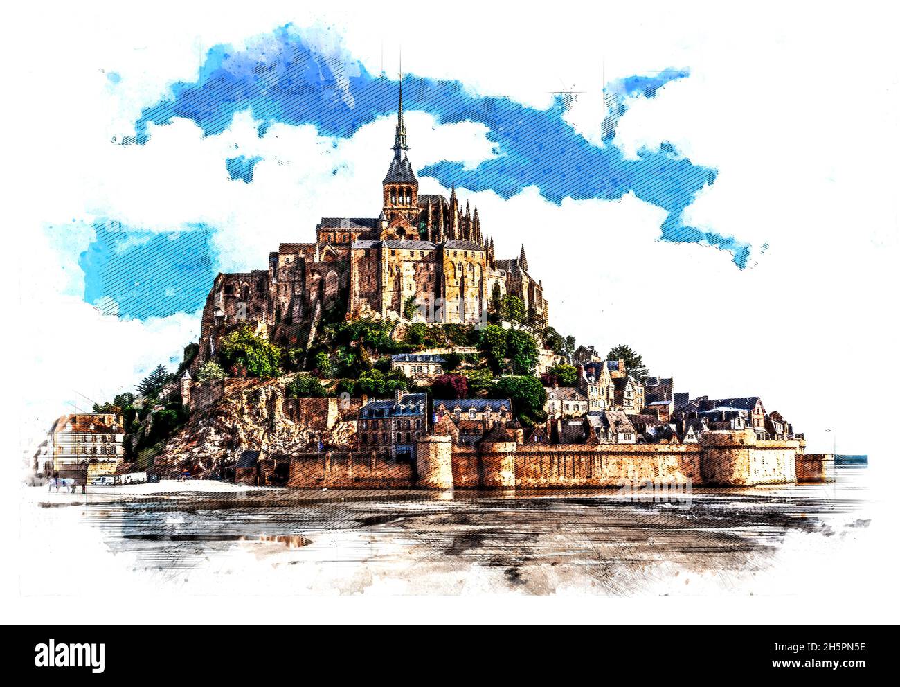 Malerischer Blick auf den Mont Saint Michel. Die Insel Le Mont Saint Michel, eine der meistbesuchten historischen Stätten Frankreichs. Illustration des künstlerischen Stils. Stockfoto