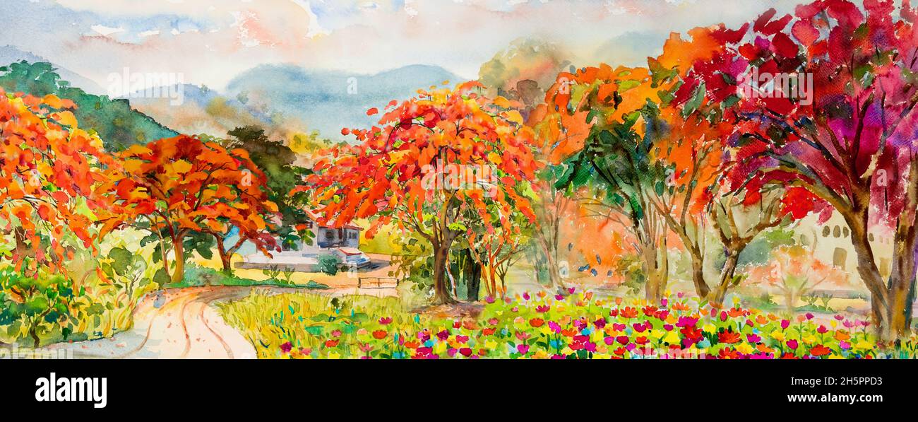 Herbstbäume. Malerei Aquarell Landschaft rot, orange und gelbe Farbe der Pfau Blumen und Blatt, am Morgen blauen Himmel, Wolkenhintergrund, Schönheit Nat Stockfoto