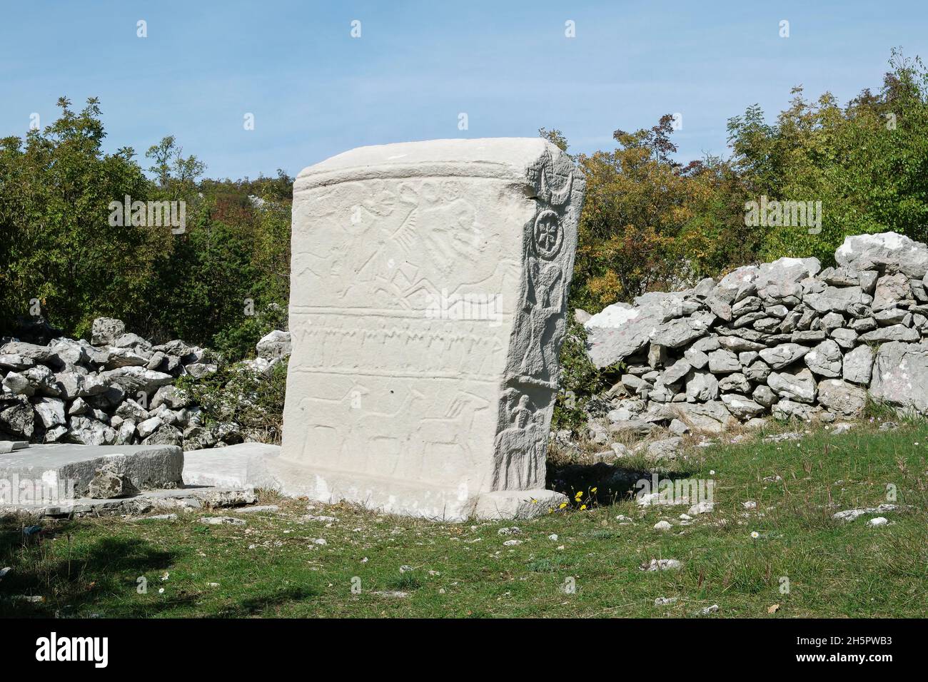 Reich verzierte stećak von Brotnice auf dem Friedhof von Crkva sv. Luka (Kroatien, Dalmatien, Dubrovnik-Neretva, Konavle) Stockfoto