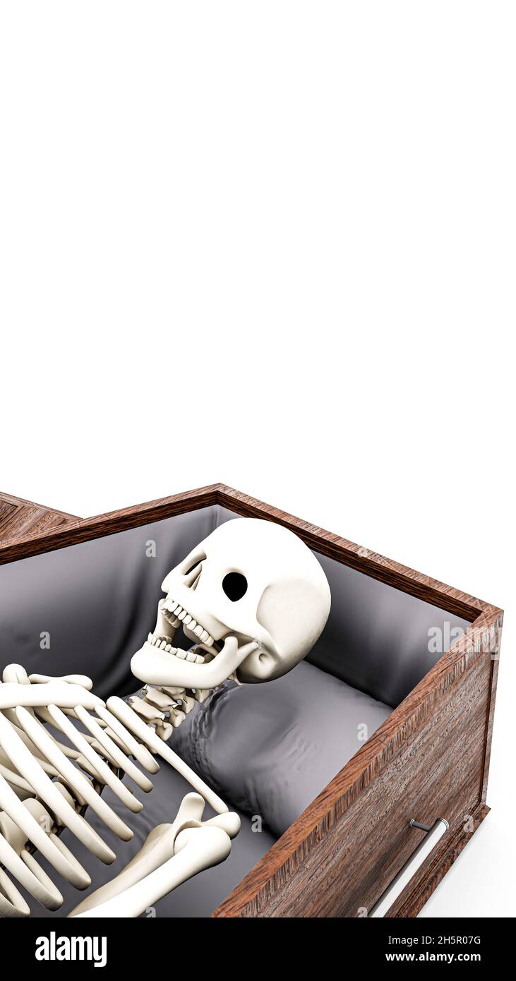 Holzsarg mit abgestorbenen Leichen isoliert auf weißer 3d-Illustration Stockfoto