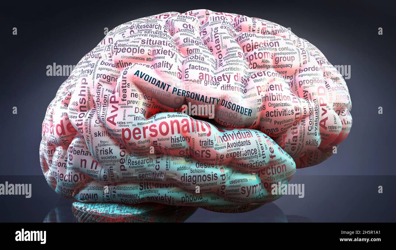 Vermeidende Persönlichkeitsstörung im menschlichen Gehirn wurden Hunderte von Begriffen im Zusammenhang mit vermeidender Persönlichkeitsstörung auf einen Kortex projiziert, um ein breites Ausmaß zu zeigen Stockfoto