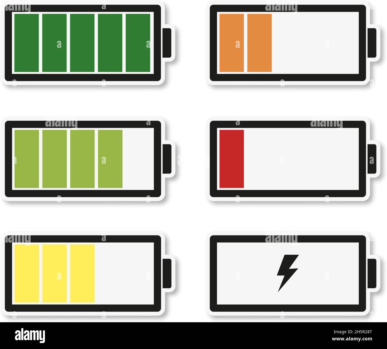 Batterieset mit verschiedenen Ladestufen mit Schatten, Vektor Stock Vektor