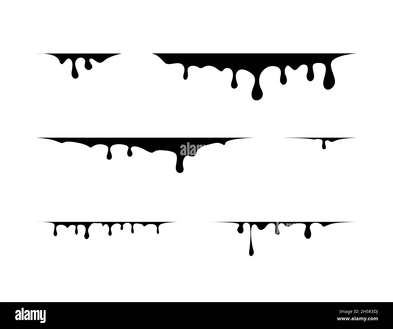 Liquid Drips Collection Vektor schwarz isoliert Farbe, fließende Tropfen dunkel flach set Illustration Stock Vektor