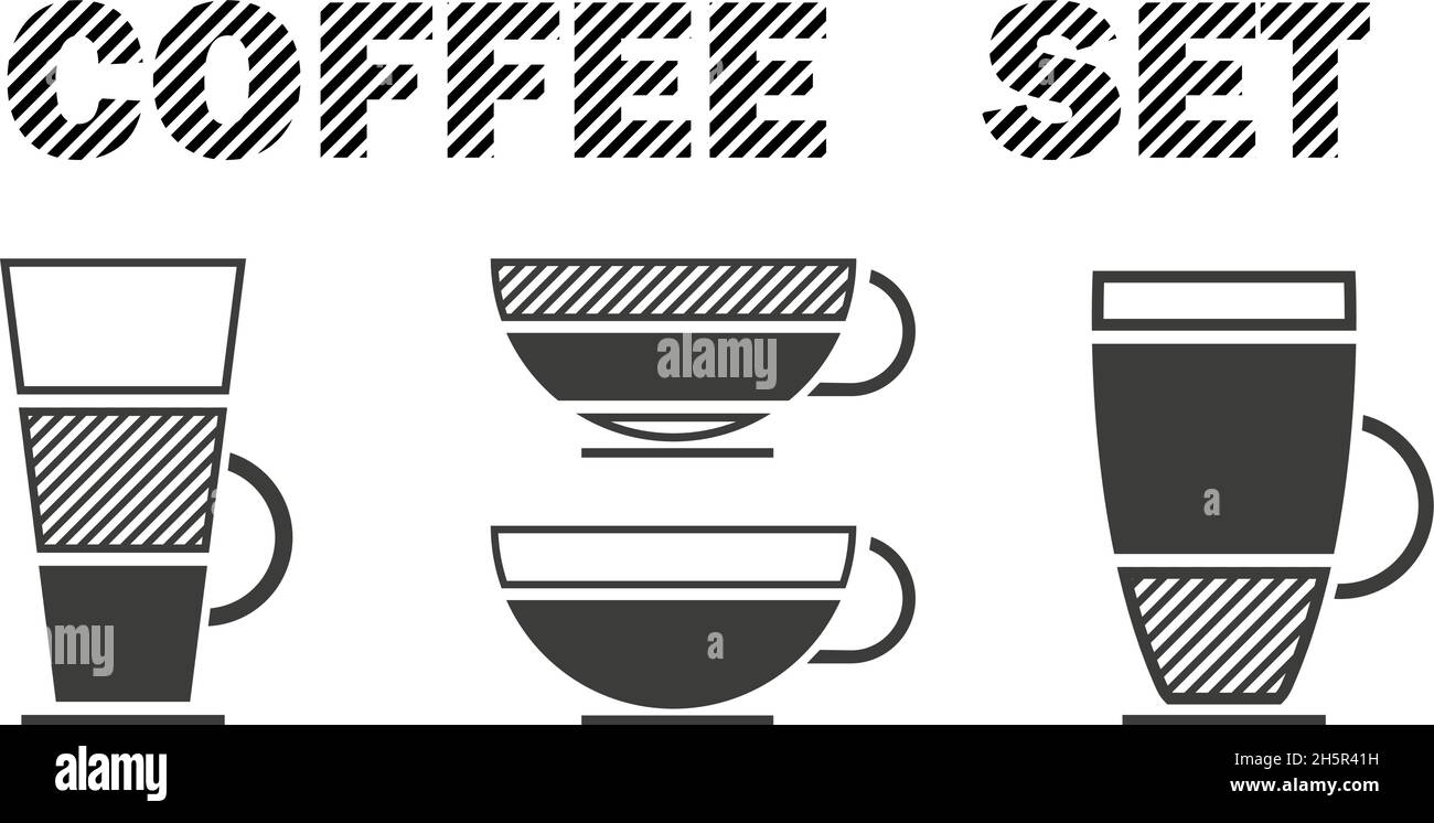 Stellen Sie verschiedene Getränke Kaffee schwarz-weiß-Symbole Stock Vektor