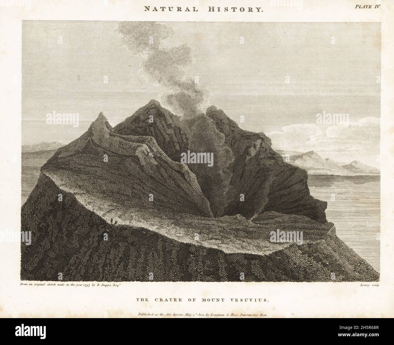 Der Krater des Vesuv, Italien, 1797. Rauch, der aus dem Vulkan auftaucht, beobachten Wissenschaftler vom Krater aus. Kupferstich von Wilson Lowry nach einer Skizze von Richard Duppa aus Abraham Rees' Cyclopedia or Universal Dictionary of Arts, Sciences and Literature, Longman and Rees, London, 1802. Stockfoto