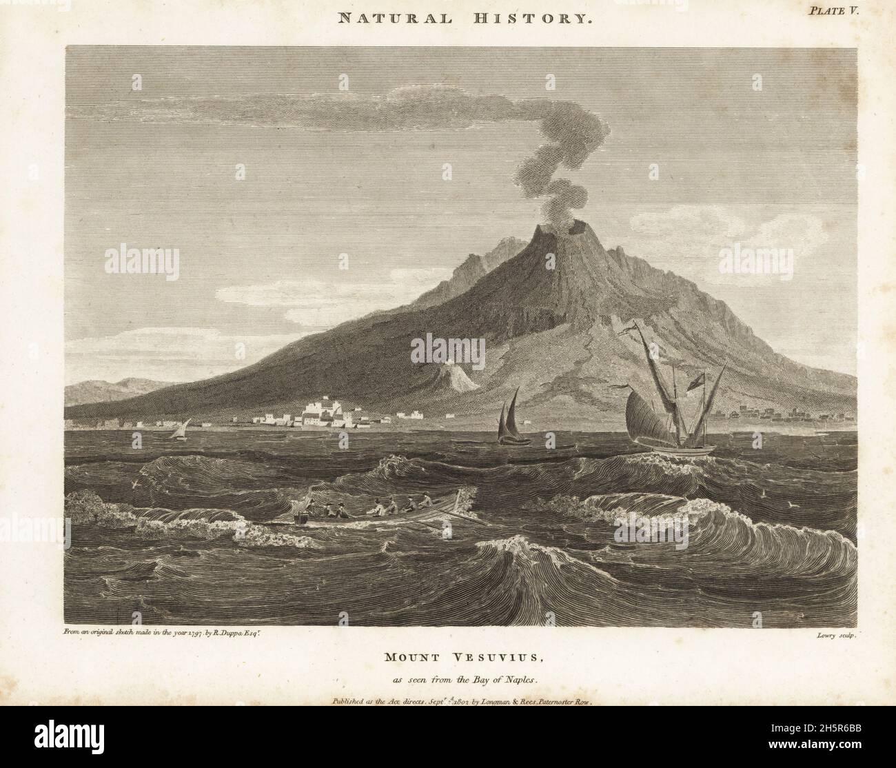 Der Vesuv aus der Bucht von Neapel, Italien, 1797. Rauch steigt aus dem Krater und Lava fließt die Bergseite hinunter. Kupferstich von Wilson Lowry nach einer Skizze von Richard Duppa aus Abraham Rees' Cyclopedia or Universal Dictionary of Arts, Sciences and Literature, Longman and Rees, London, 1802. Stockfoto