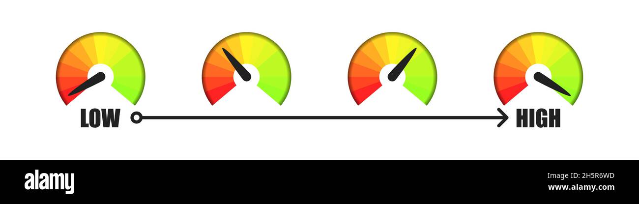 Messung der Kundenzufriedenheit vom niedrigen bis zum hohen Tachometer eingestellt. Isolierte Darstellung der grünen und roten Messwaage des Vektors. Stock Vektor