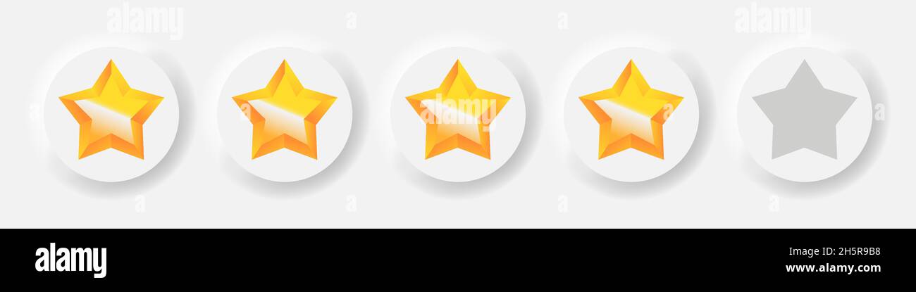 Neumorphismus goldene Sterne Bewertung neumorphische Tasten, Vektor-Übersicht, Gold Star Set Rate Illustration Stock Vektor
