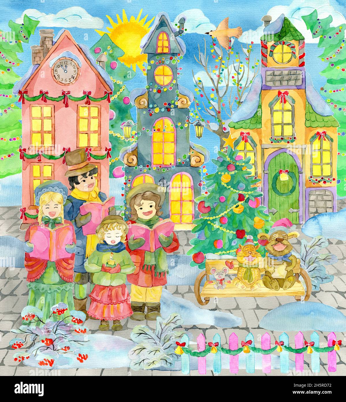 Grußkarte mit Weihnachtschor, der an sonnigen Tagen Weihnachtslieder an alten schönen Häusern und Nadelbäumen singt. Aquarell-Illustrationen. Winterweihnacht A Stockfoto