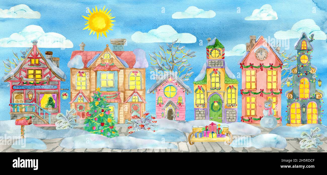 Grußkarte mit magischem Weihnachtsdorf und schönen Häusern, mit geschmückten Nadelbäumen, Bäumen und Sträuchern im Schnee an sonnigen Tagen. Aquarell illustratio Stockfoto