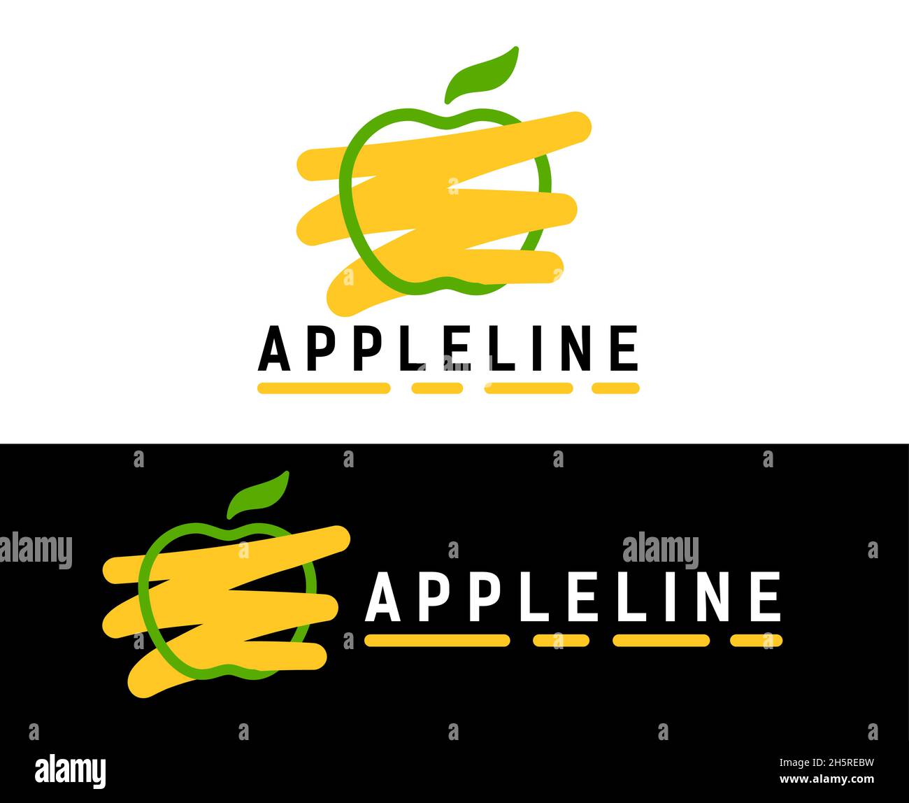 Grüner linearer Apfel, gelb gefärbt. Logo-Konzept für gesunde Lebensmittel oder landwirtschaftliche Unternehmen. Stock Vektor