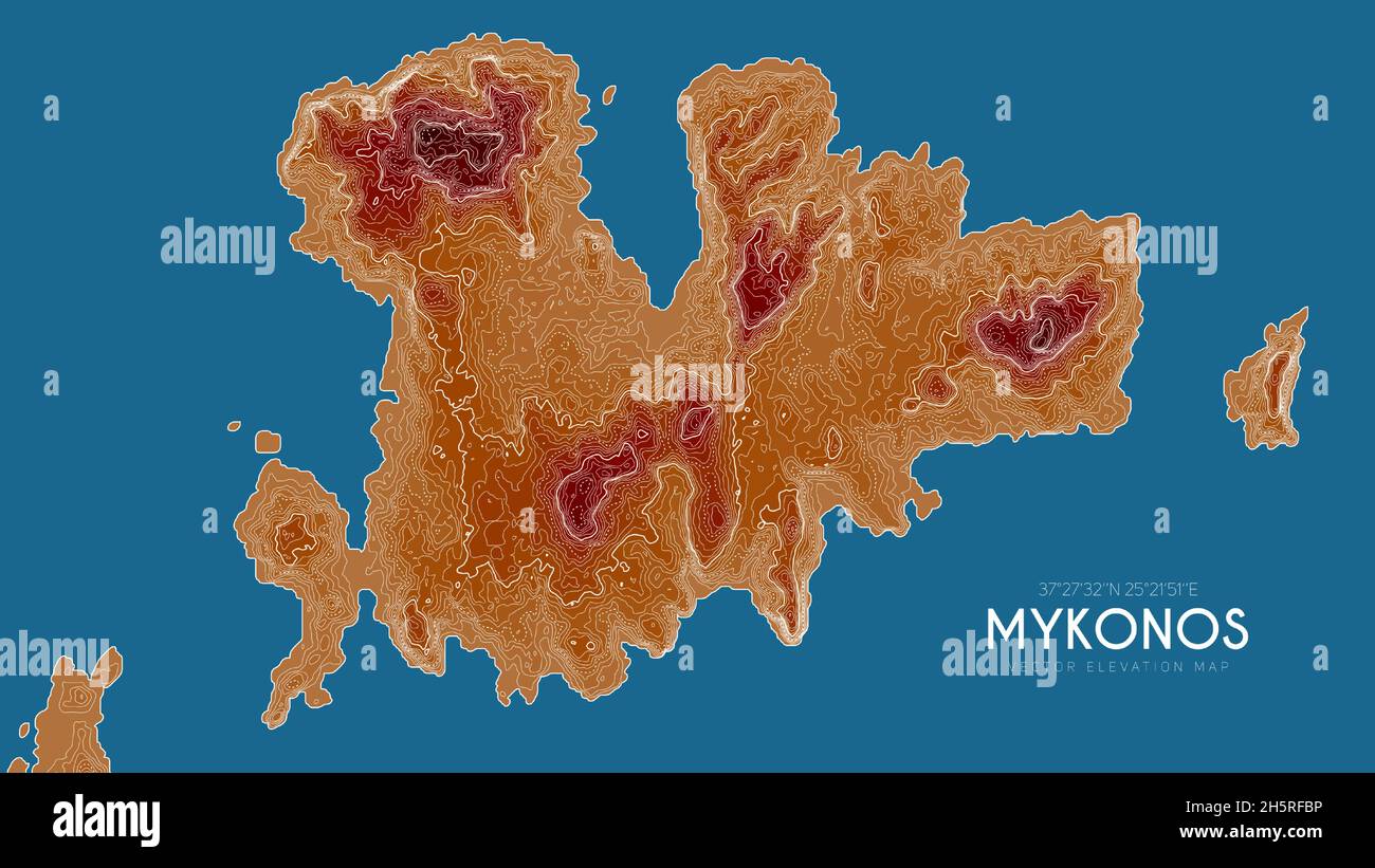 Topografische Karte von Mykonos, Griechenland. Vektor detaillierte Höhenkarte der Insel. Geografisch elegantes Poster mit Landschaftsdarm. Stock Vektor