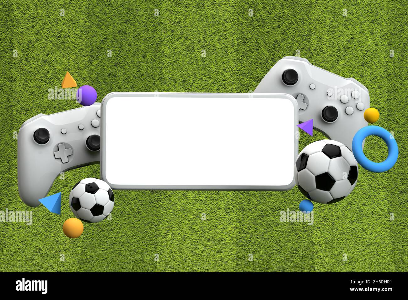 Fußball-Gaming-Hintergrund. Leeres Telefon mit Videospiel-Controller und Fußballball. 3d-Rendering Stockfoto