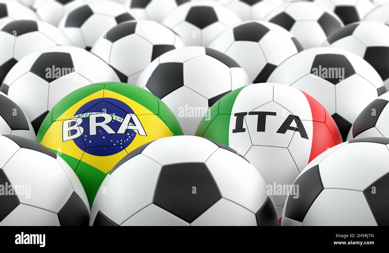 Brasilien gegen Italien Fußballspiel - Lederbälle in Brasilien und Italien Nationalfarben. 3D-Rendering Stockfoto