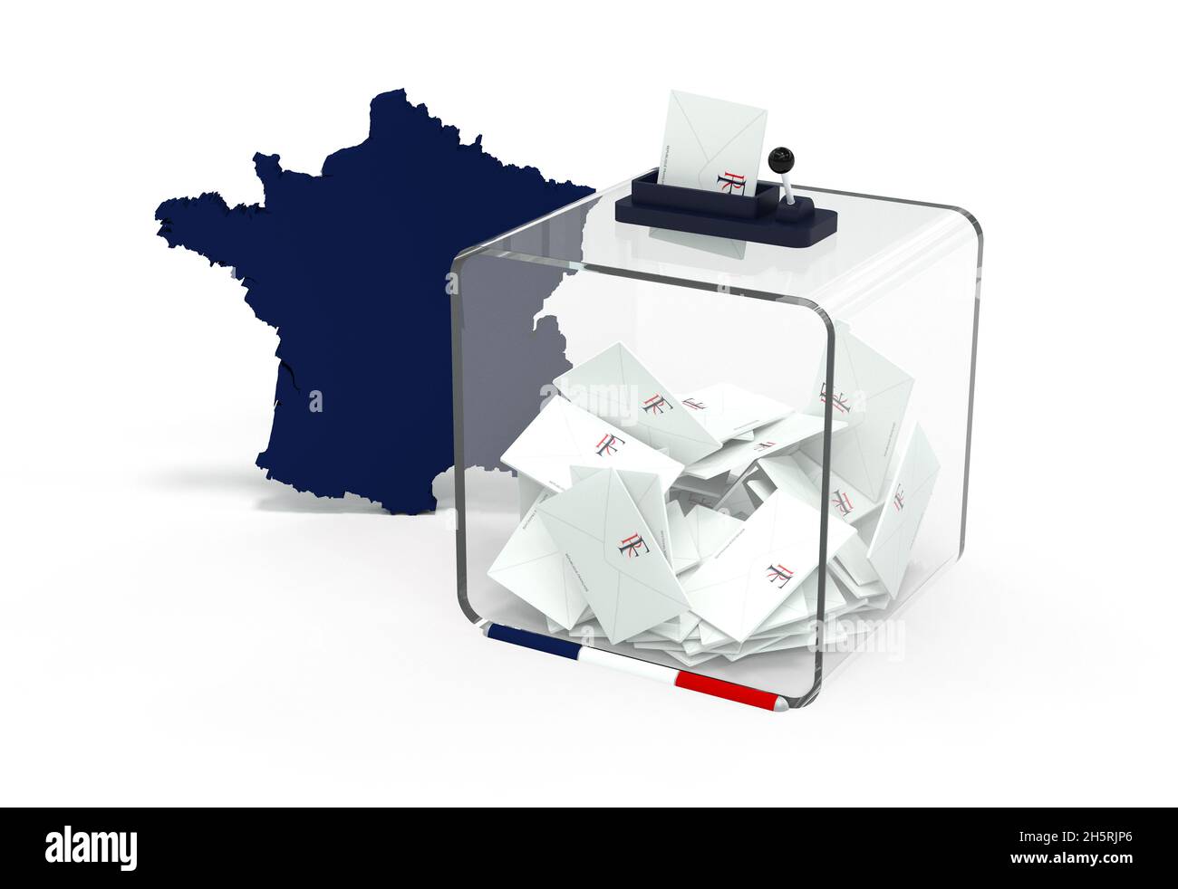 Wahlurne - Französische Präsidentschaftswahl auf weißem Hintergrund - 3D-Rendering. Logo RF erstellt von mir Stockfoto