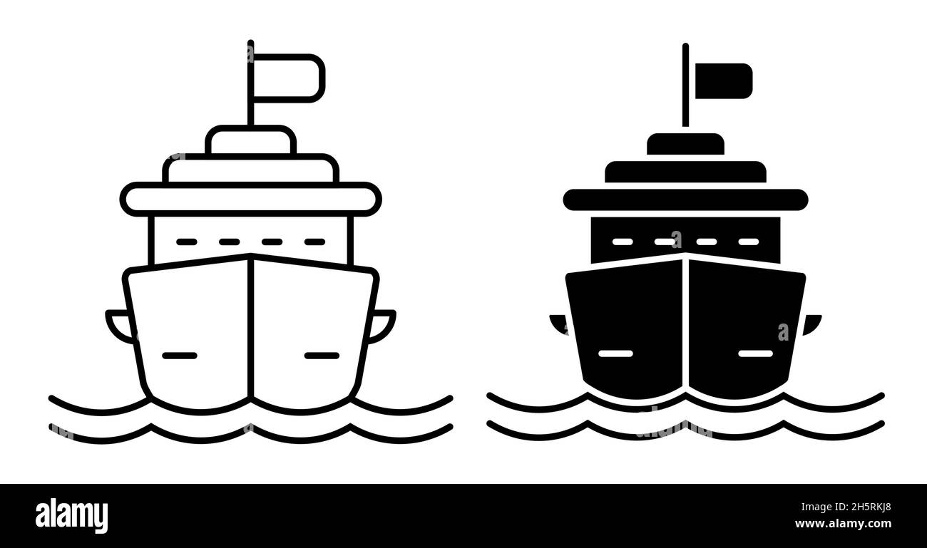 Lineares Symbol. Kreuzfahrt-Schiff für Ozeanfahrten um die Welt. Multi Deck Liner für Erholung am Meer. Einfacher Schwarz-Weiß-Vektor isoliert auf weißem Rücken Stock Vektor