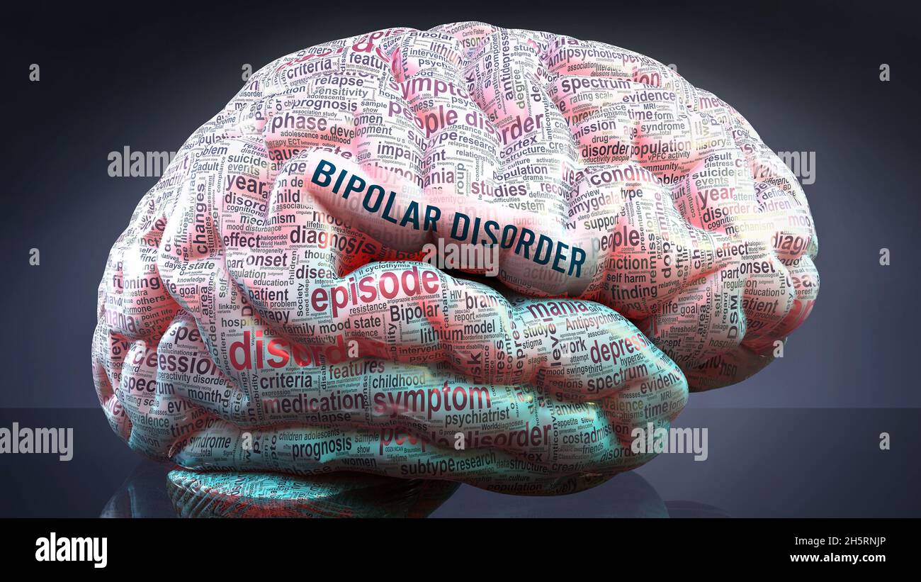 Bipolare Störung im menschlichen Gehirn, Hunderte von Begriffen im Zusammenhang mit bipolarer Störung projiziert auf einen Kortex, um ein breites Ausmaß dieser Erkrankung zu zeigen, 3D-illu Stockfoto