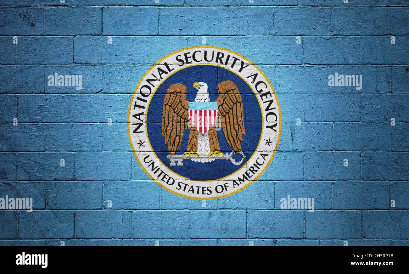 Die NSA-Flagge (National Security Agency) wurde auf eine Ziegelmauer gemalt. Stockfoto