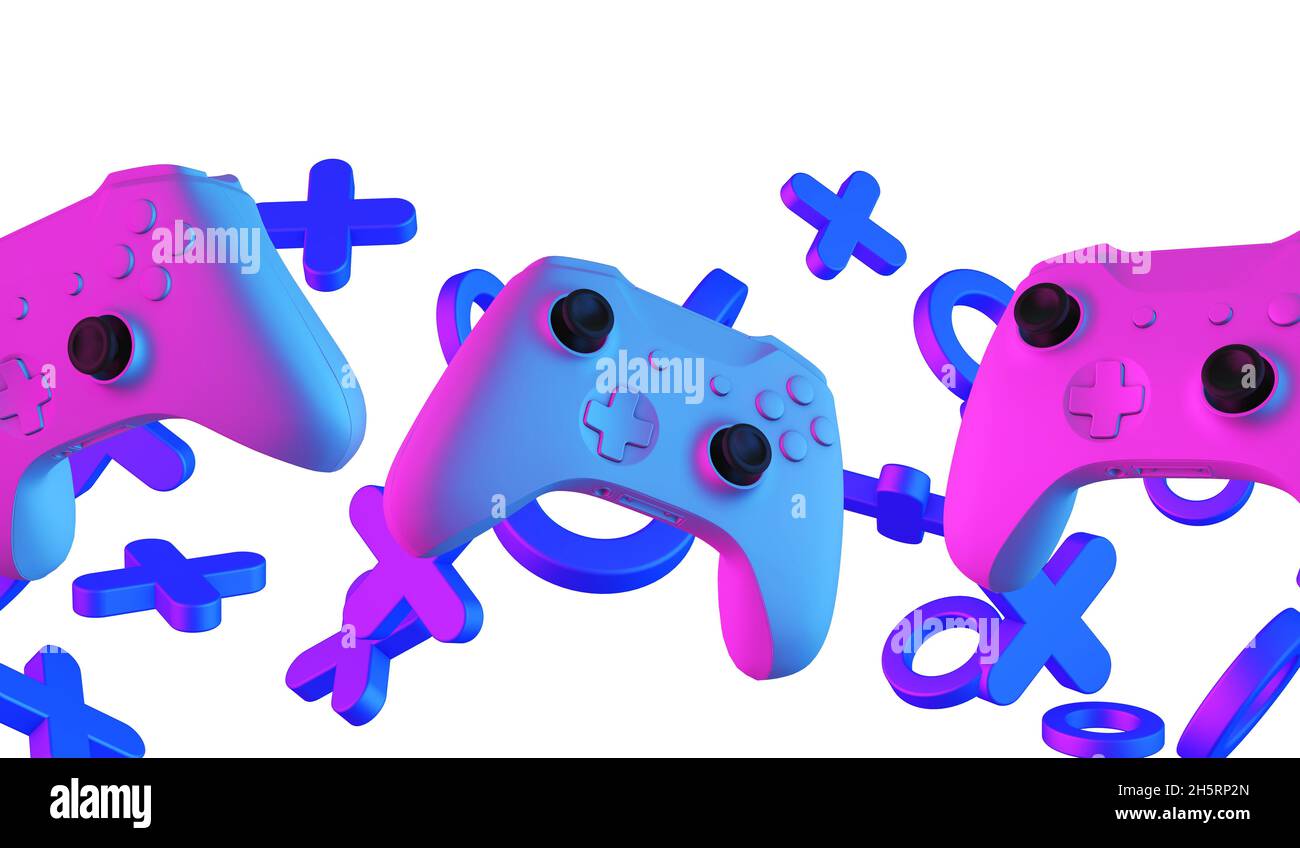 Videospiel-Controller und abstrakte Formen mit Neon stilisierte Beleuchtung. Spielkonzept. 3D-Rendering Stockfoto