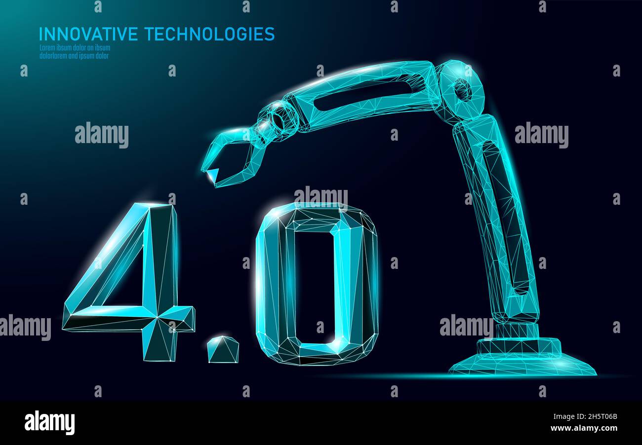 Low Poly zukünftige industrielle Revolution Konzept. Industrie 4.0 AI künstliche Cyber autonomen Prozess. Online Technology Industry Management. 3D Stock Vektor