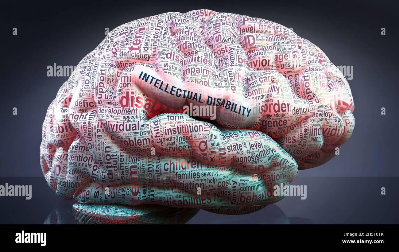 Intellektuelle Behinderung im menschlichen Gehirn wurden Hunderte von Begriffen im Zusammenhang mit geistiger Behinderung auf einen Kortex projiziert, um ein breites Ausmaß dieser Erkrankung zu zeigen Stockfoto
