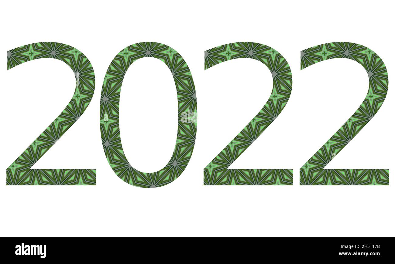 2022 Text für das neue Jahr, Text mit Zahlen aus einem Muster aus grünen Sternen, isoliert auf weißem Hintergrund Stockfoto